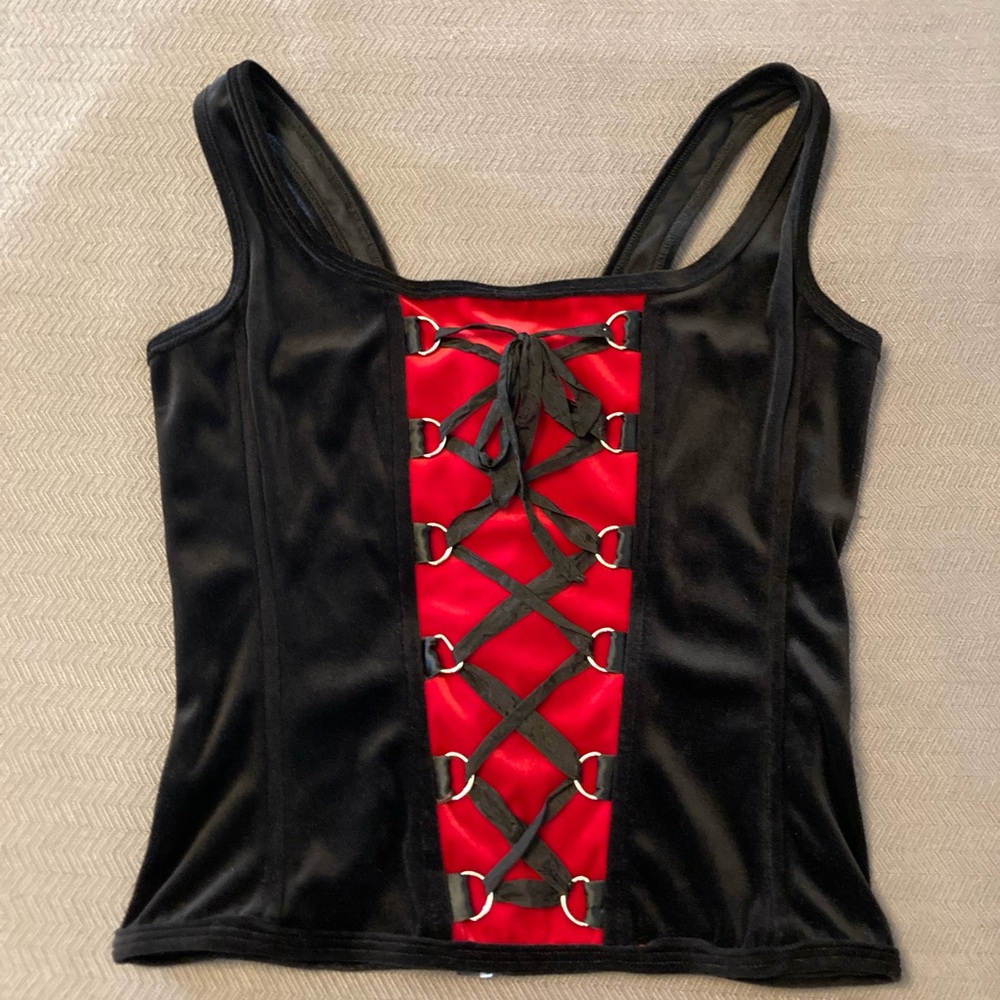 Super Low Fat Brand Black and Red Bustier Tank Top with Corset Front